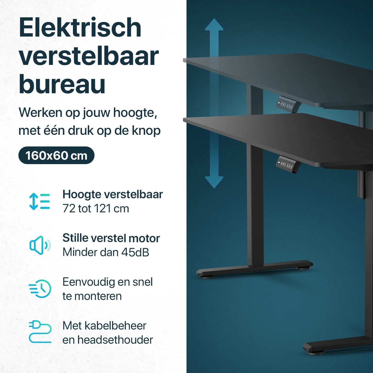 Bureau assis debout Flowsense - Bureau électrique réglable - 160 x 60 cm