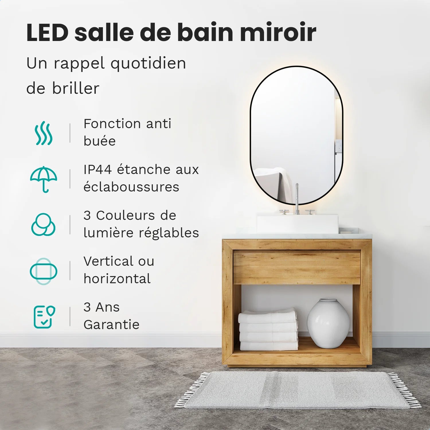 Miroir de Salle de Bain - 90x60cm - Cadre Noir