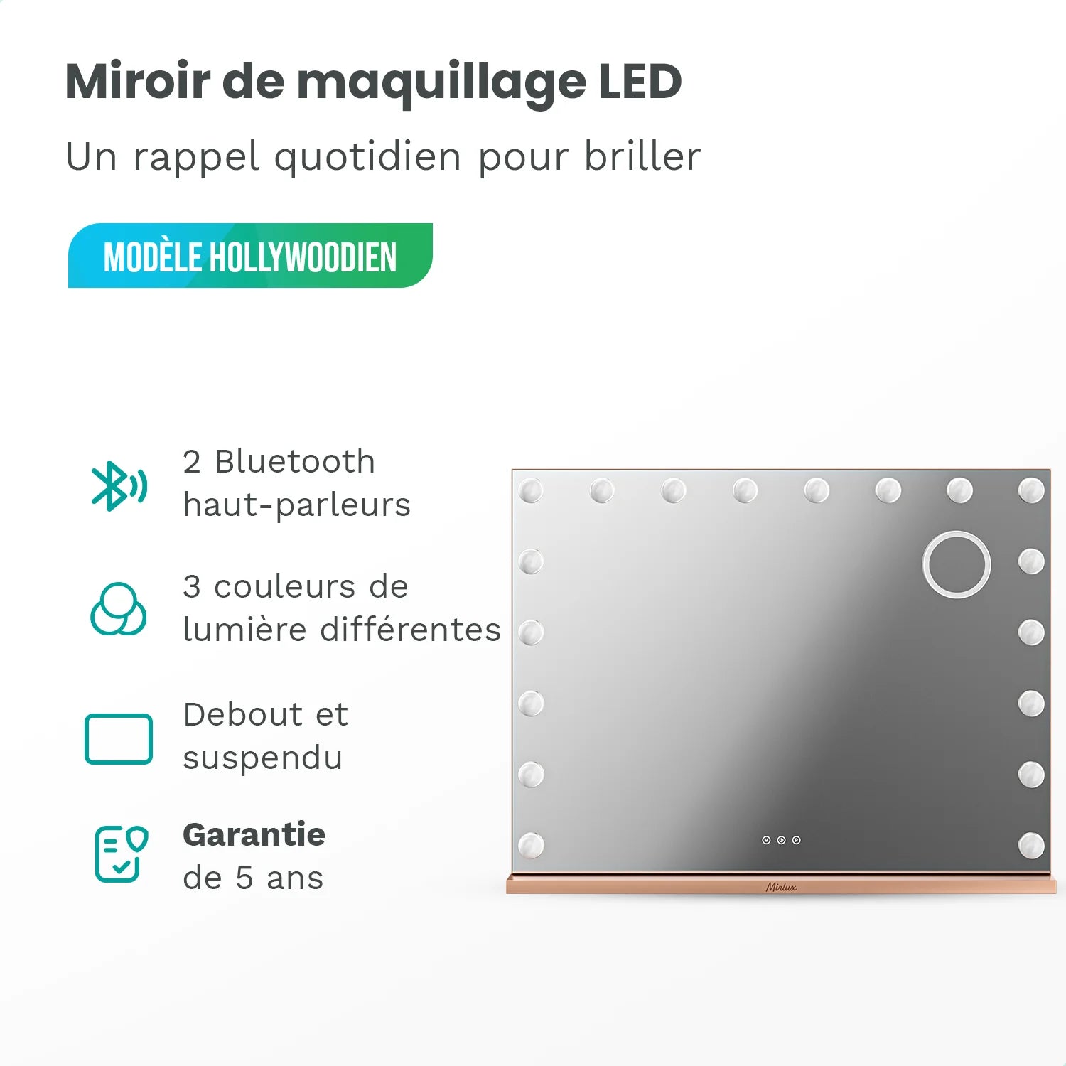 Miroir Hollywood - Enceintes Bluetooth - 80x60cm - Or Rose