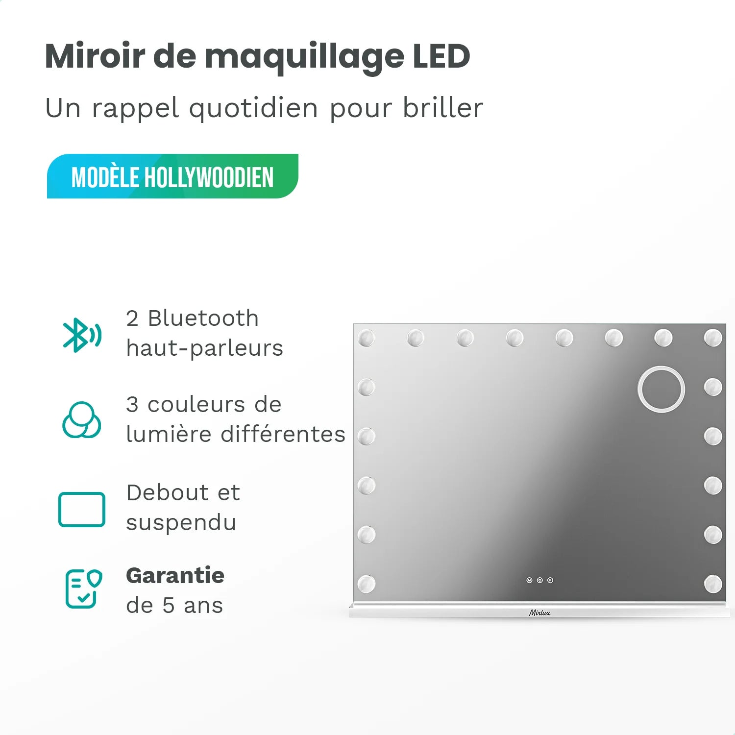 Miroir Hollywood - Enceintes Bluetooth - 80x60cm - Blanc
