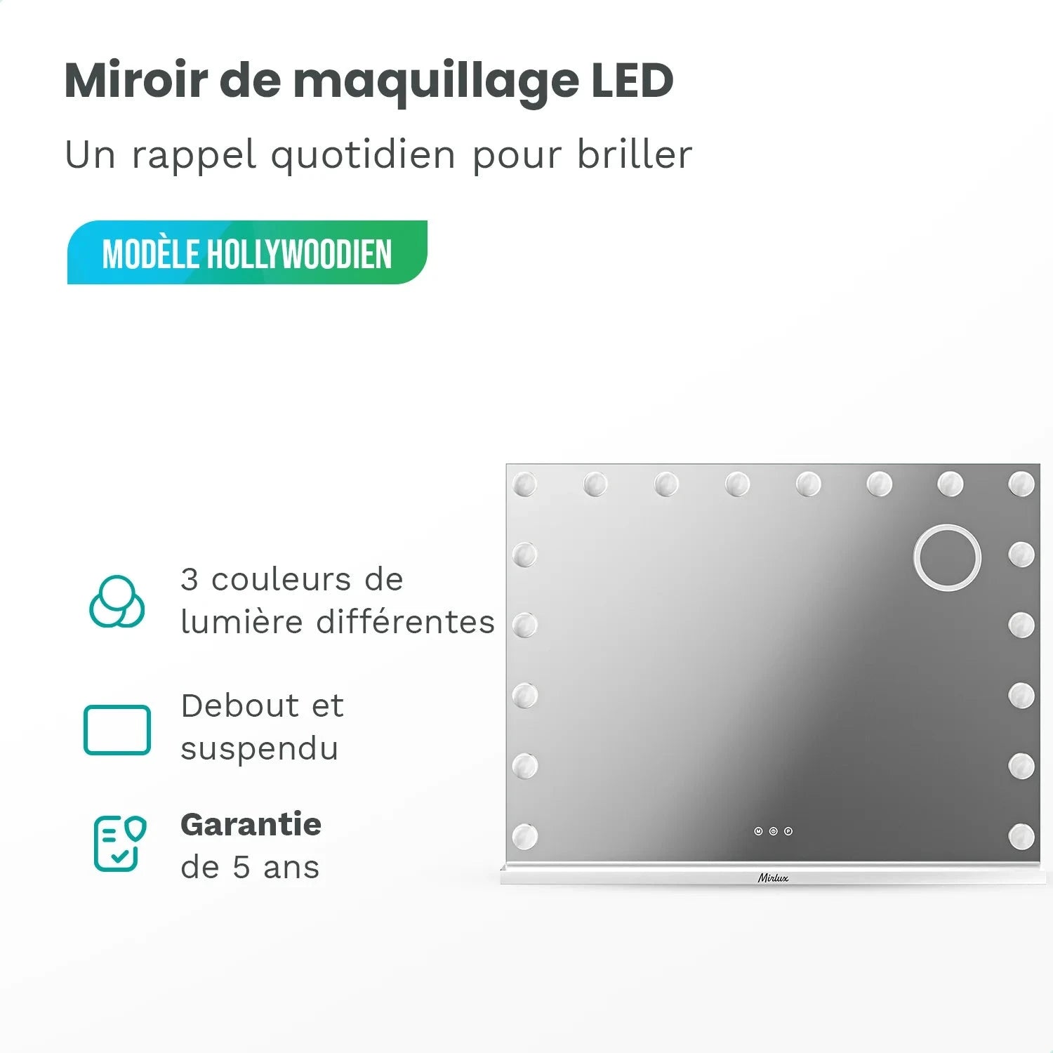 Miroir Hollywood - 80x60cm - Blanc