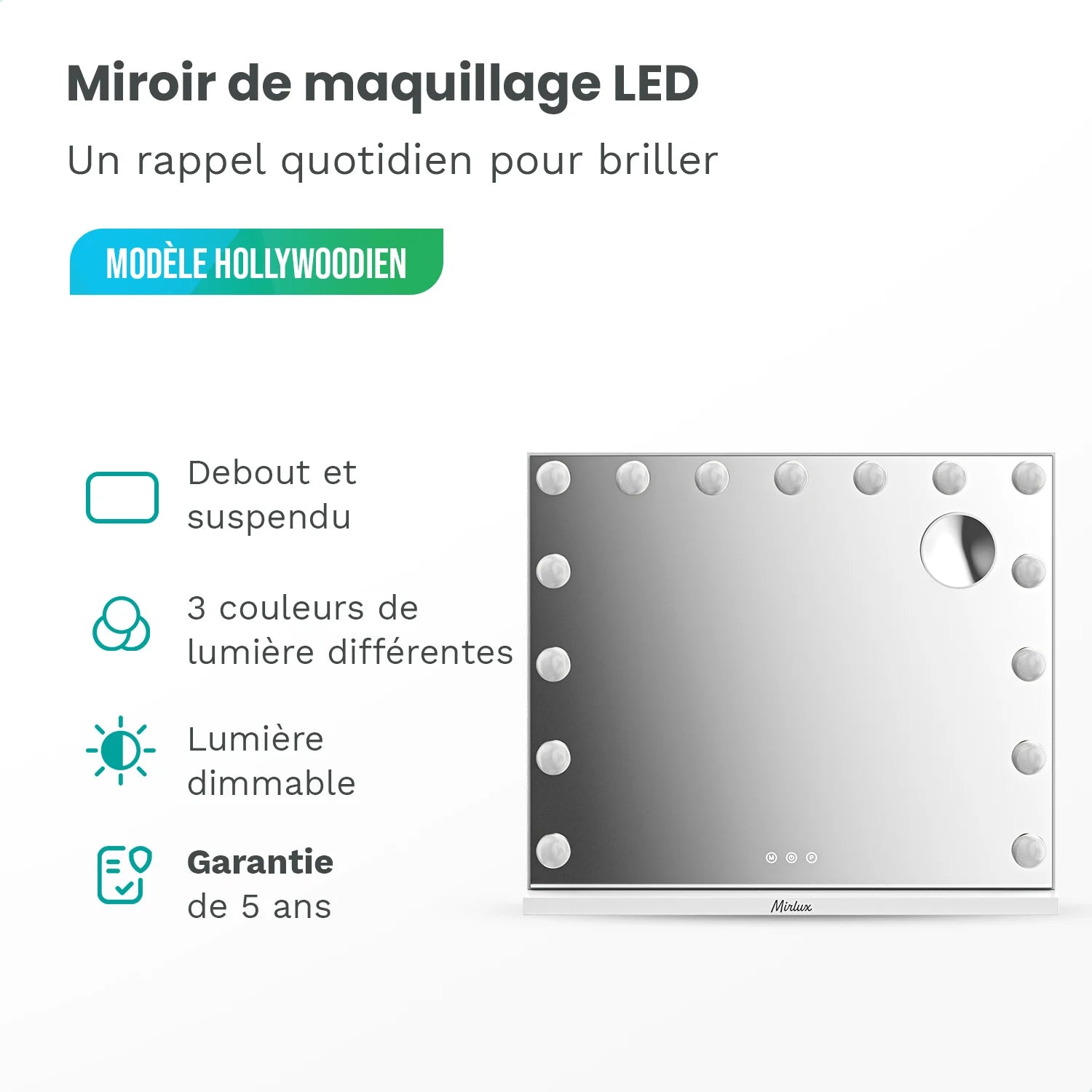 Miroir Hollywood - Enceintes Bluetooth 58x48cm - Blanc