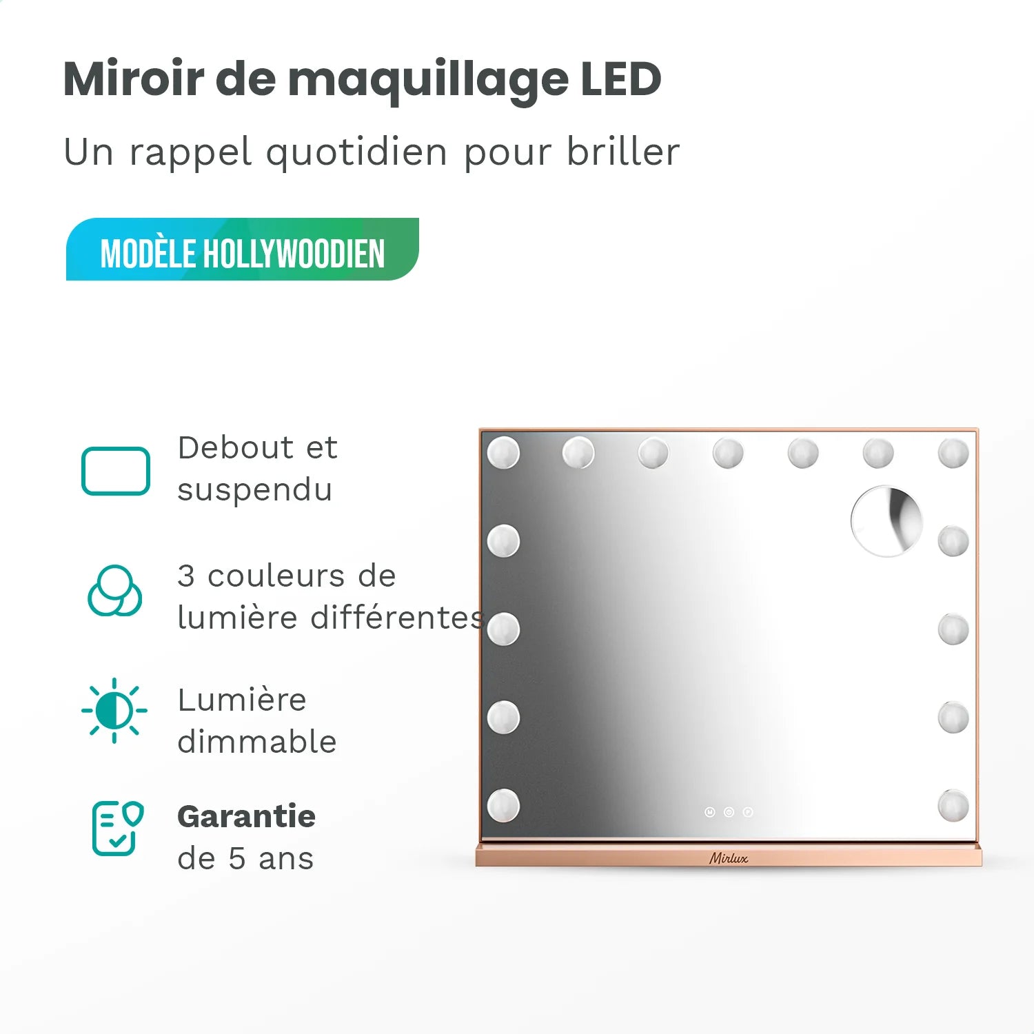 Miroir Hollywood - 58x48cm - Or Rose - Précommander