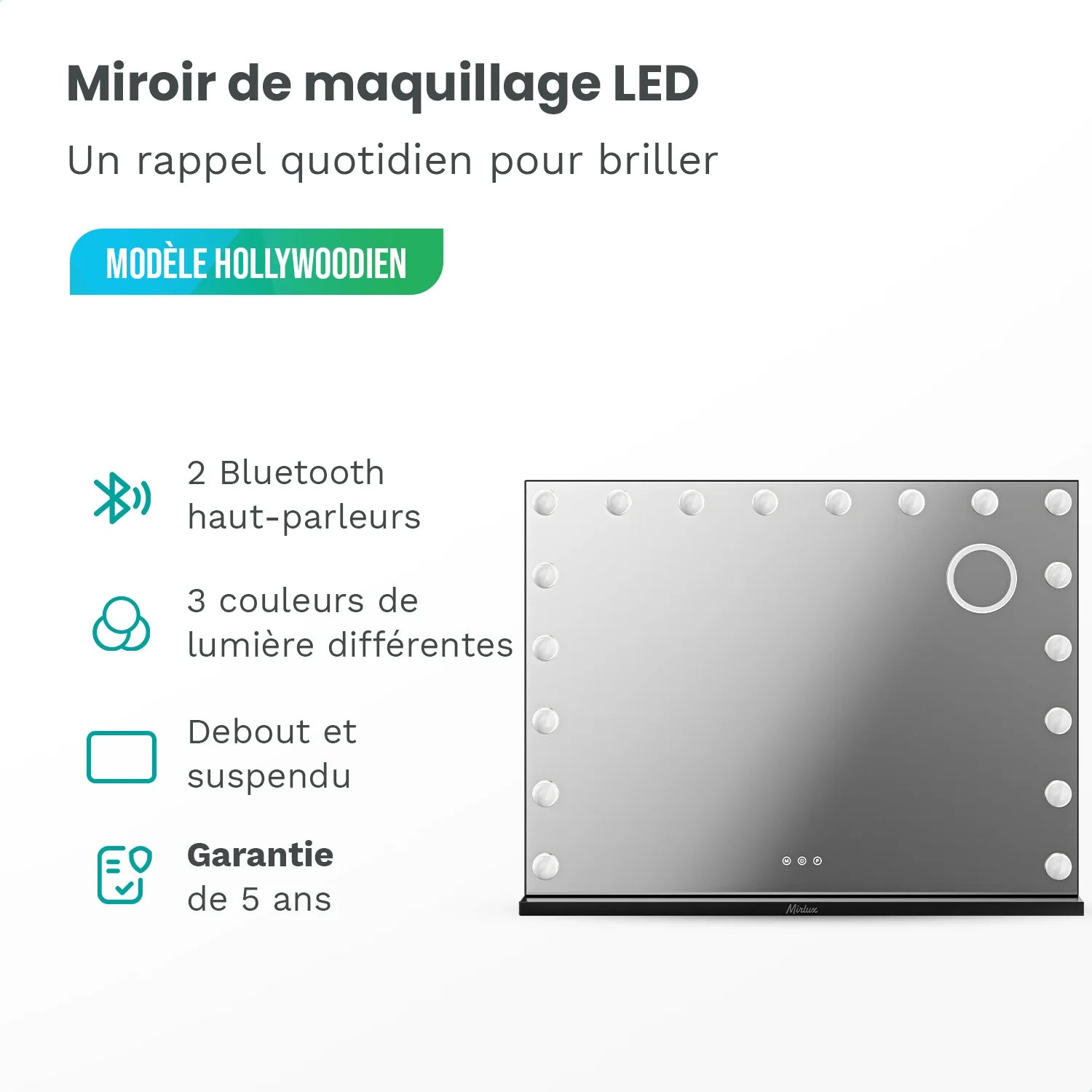 Miroir Hollywood - Enceintes Bluetooth - 80x60cm - Noir