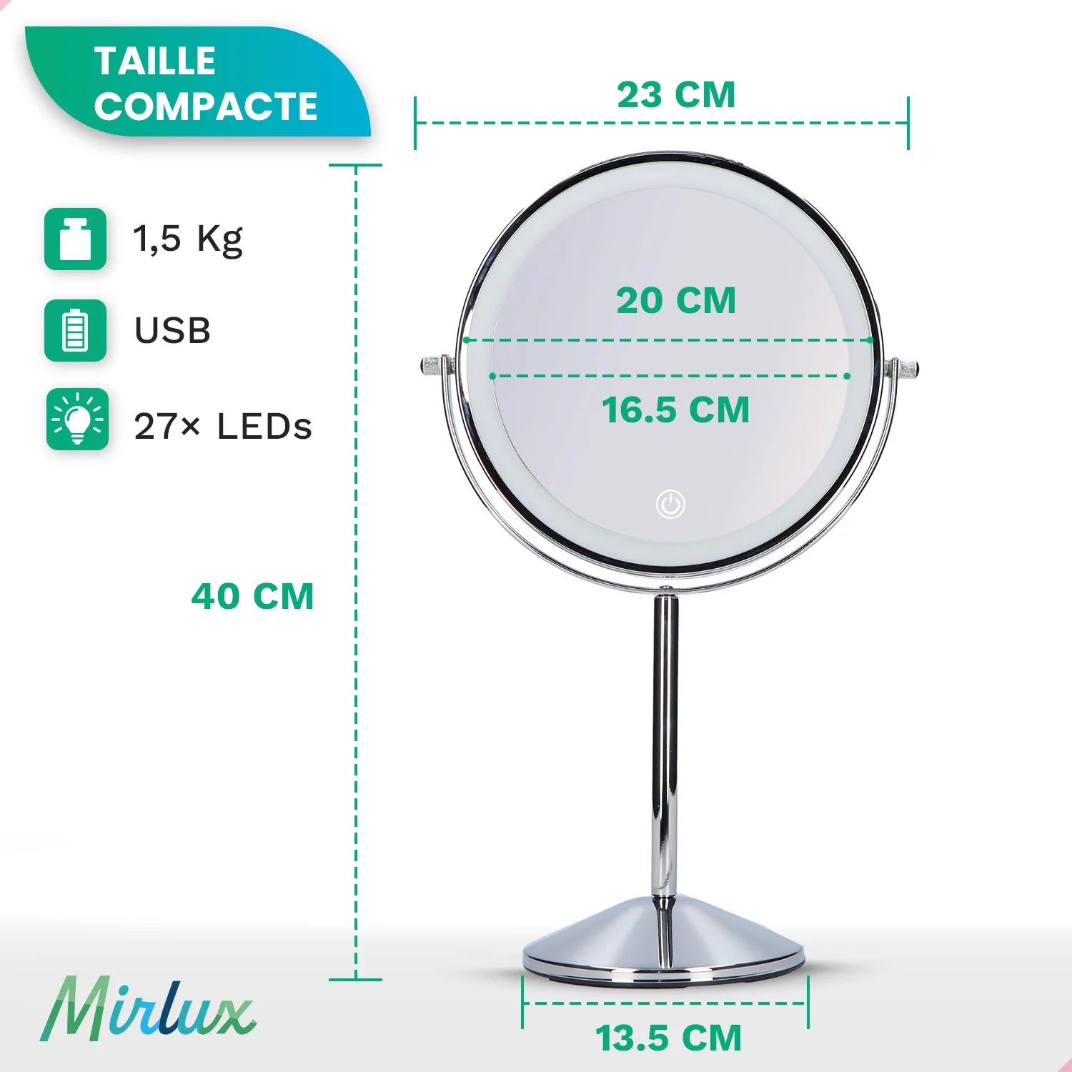Miroir de maquillage - Rechargeable - Chrome - Grossissement 1-10x