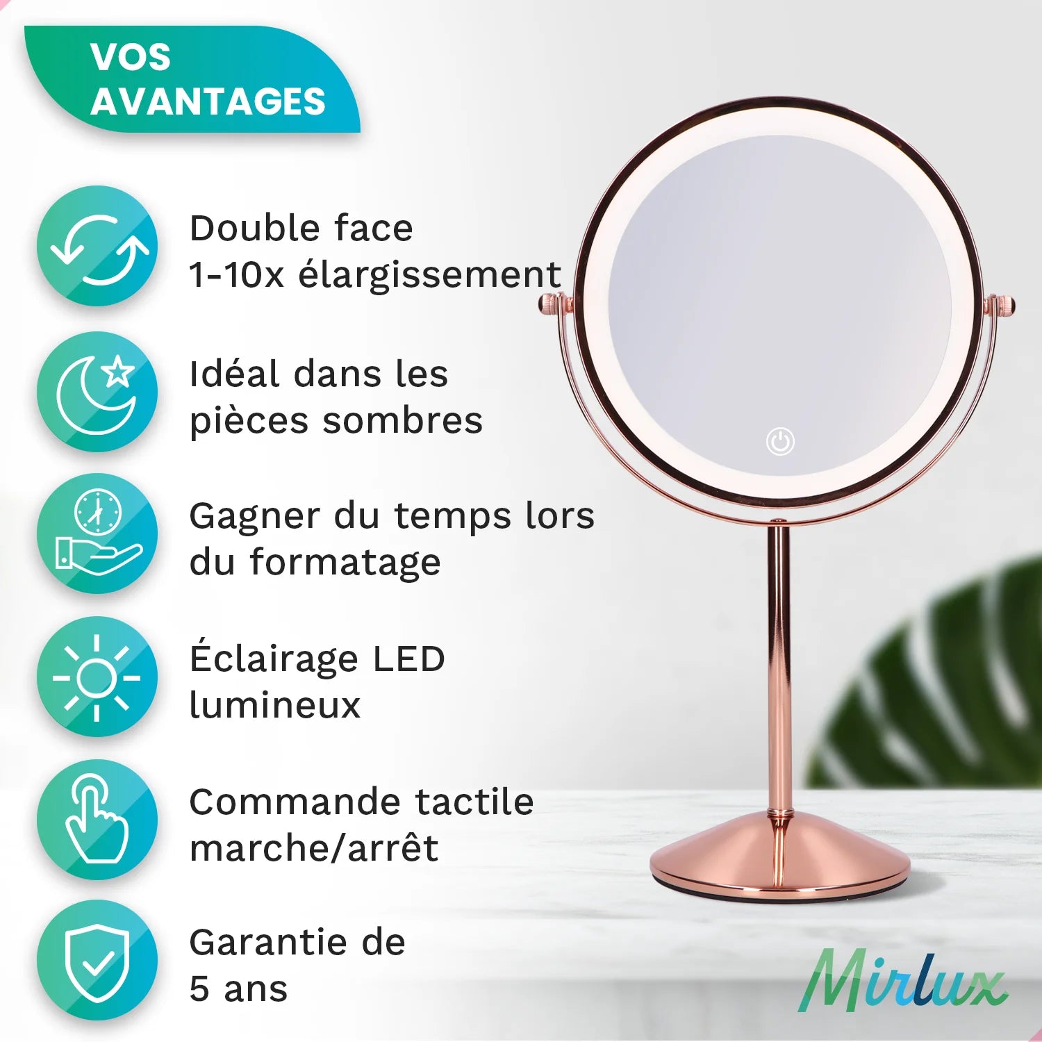 Miroir de maquillage - Rechargeable - Rosé - Grossissement 1-10x