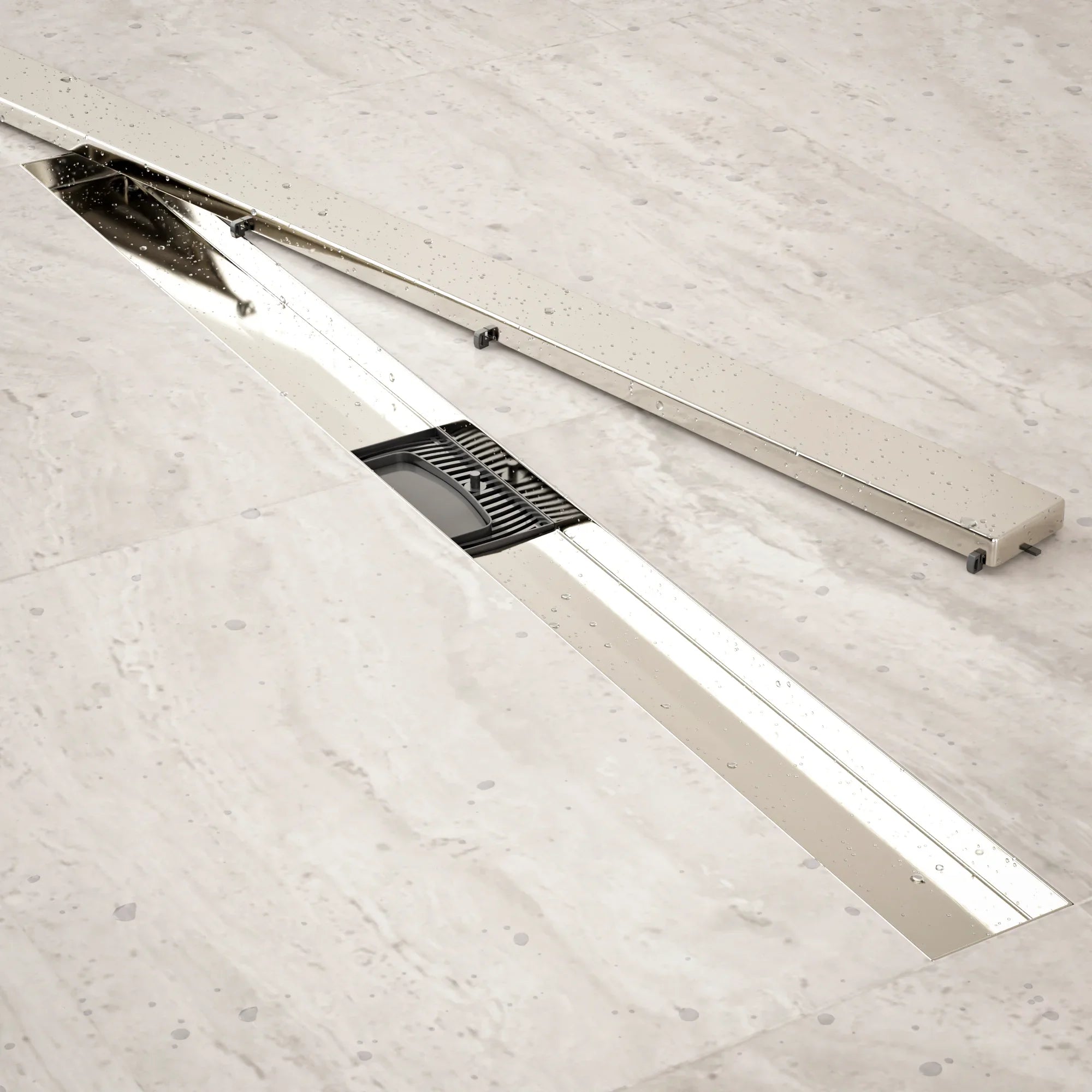 Caniveau de douche – 90 cm – Grille à carreaux – Acier inoxydable – avec bride