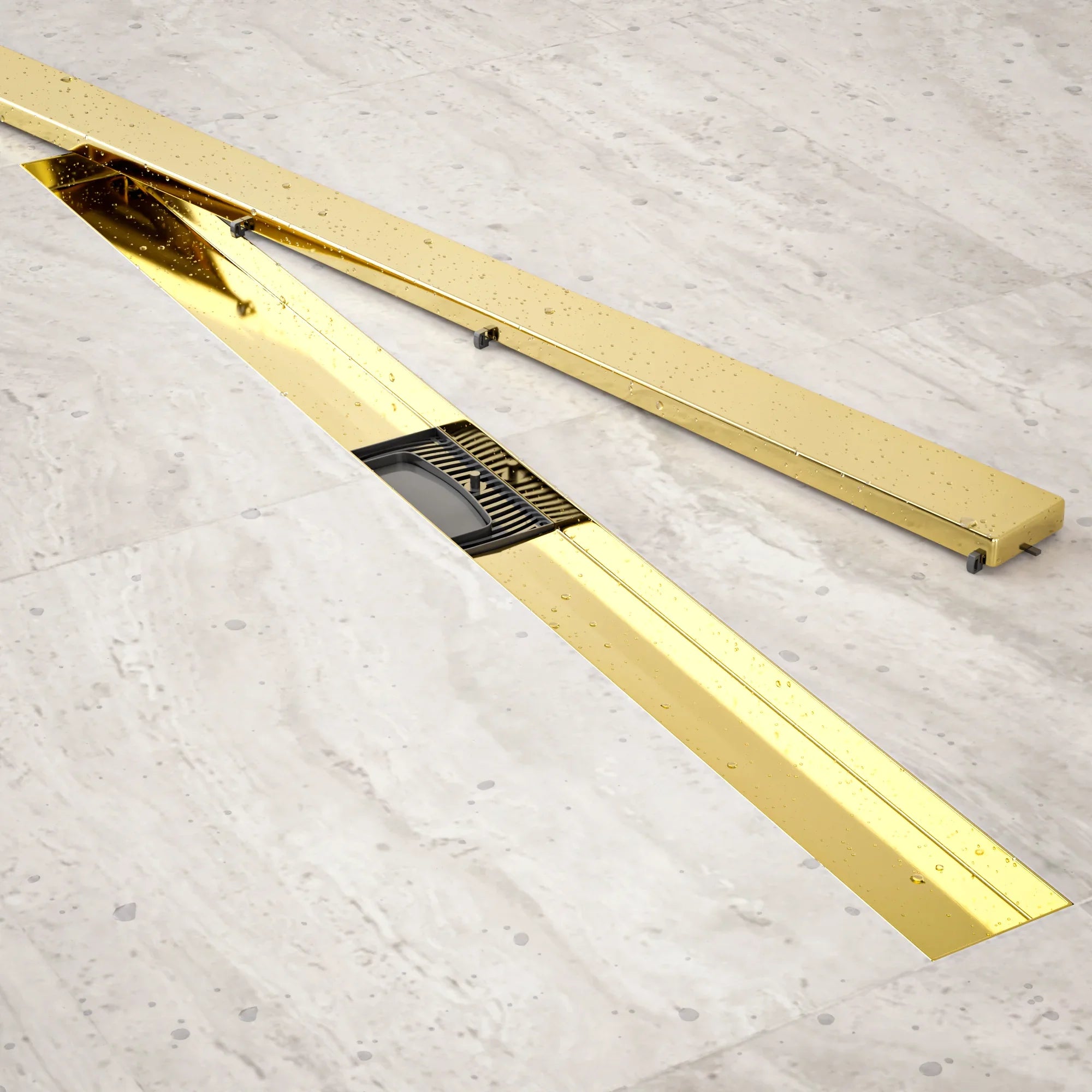 Caniveau de douche – 90 cm – Or – Grille à carreaux – Acier inoxydable – avec bride