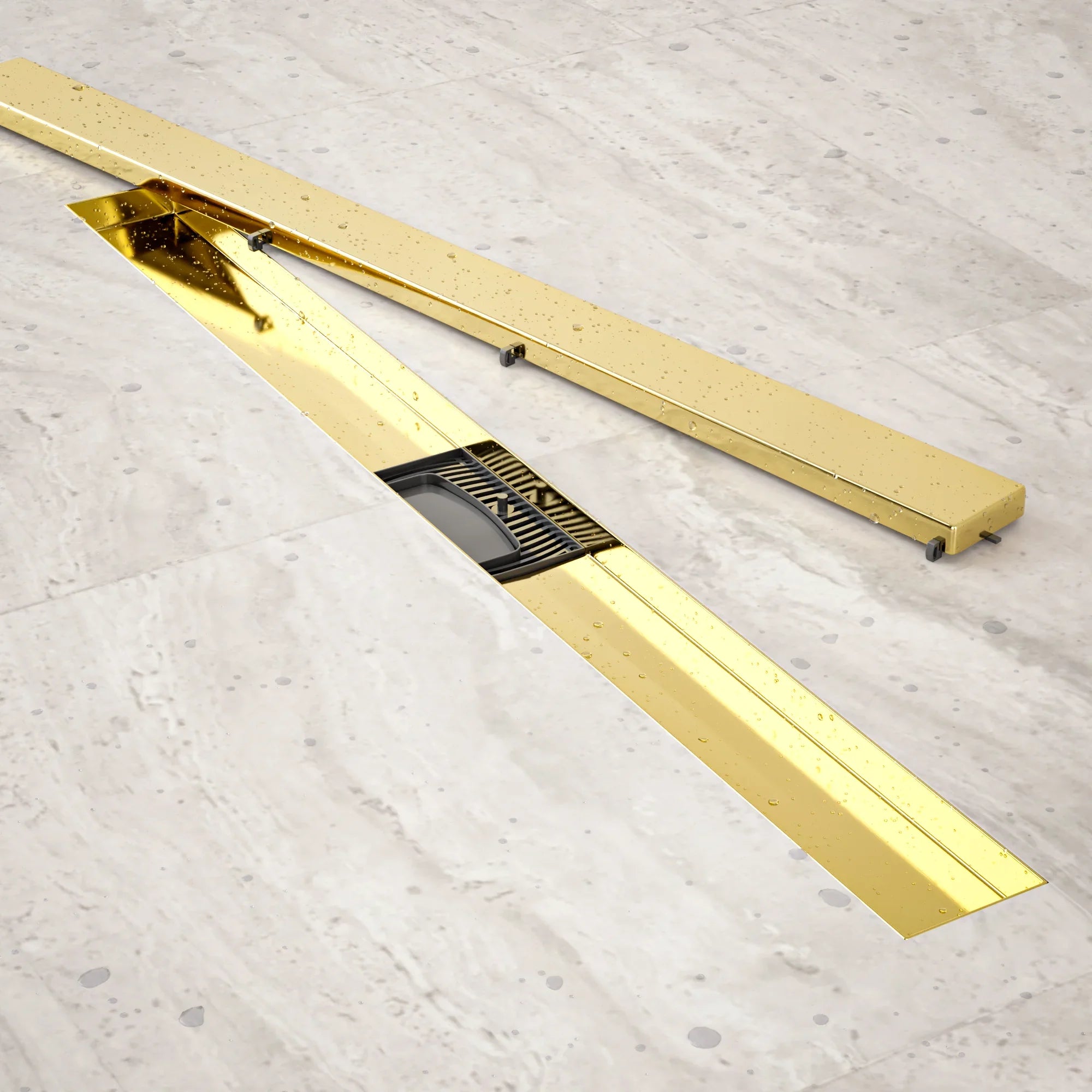 Caniveau de douche – 80 cm – Or – Grille à carreaux – Acier inoxydable – avec bride