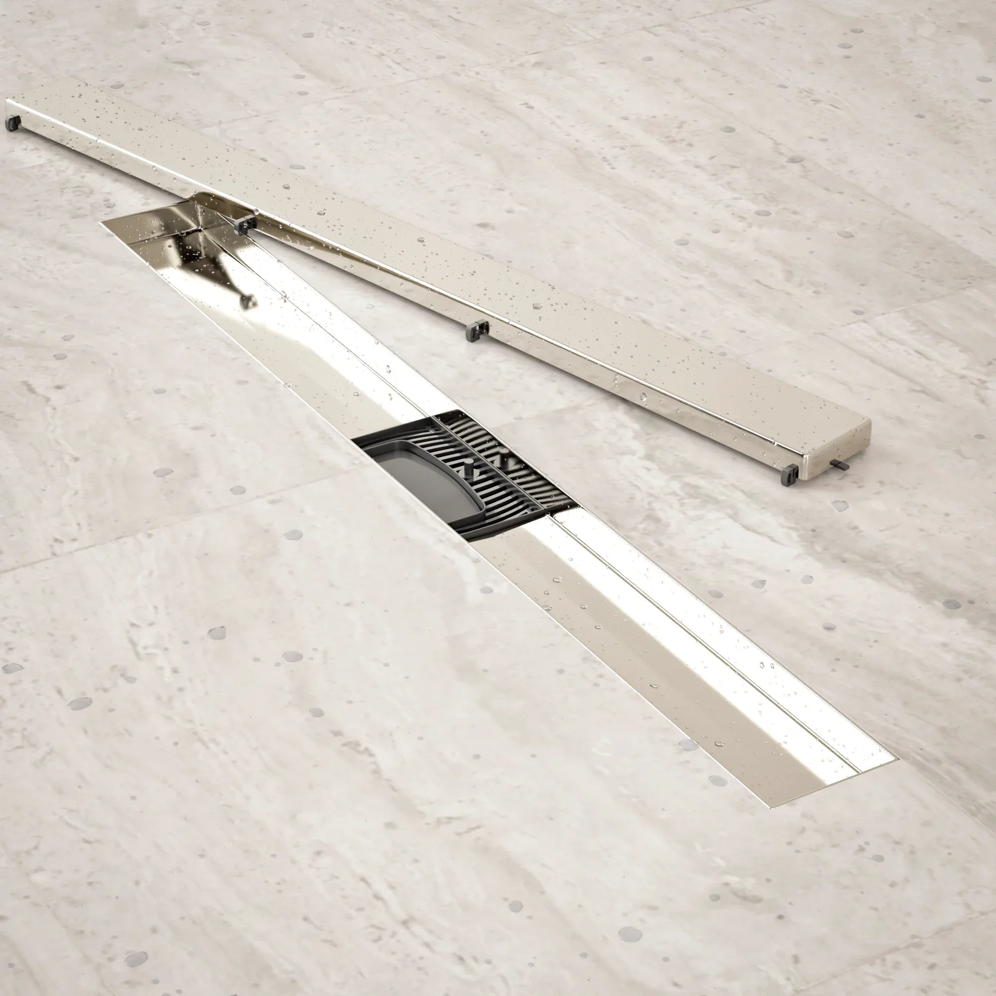 Caniveau de douche – 70 cm – Grille à carreaux – Acier inoxydable – avec bride