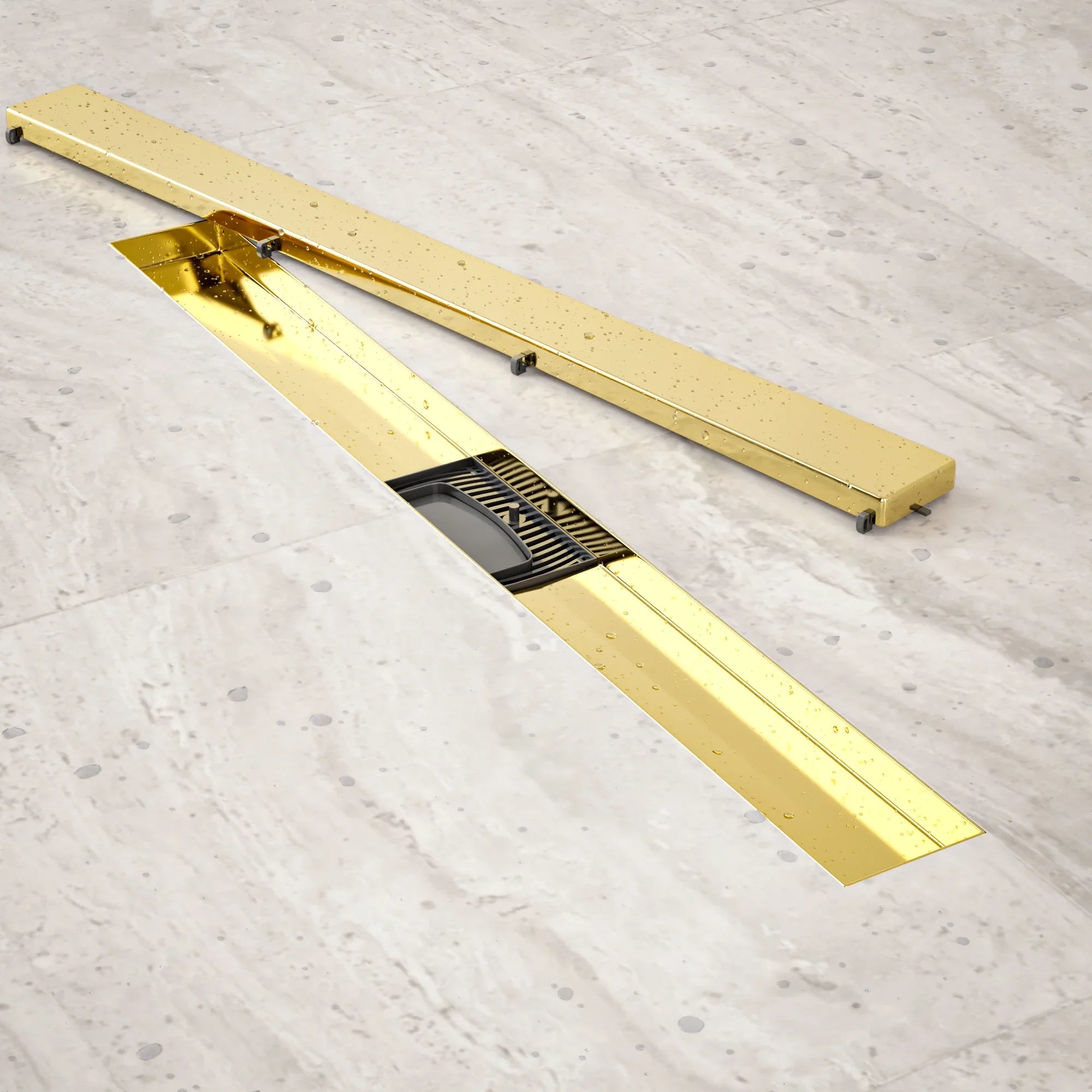 Caniveau de douche – 70 cm – Or – Grille à carreaux – Acier inoxydable – avec bride