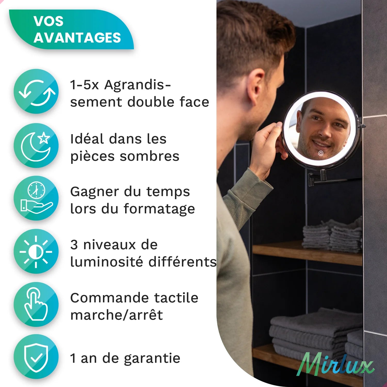 Miroir de maquillage - Batterie - Noir - Grossissement 1-5x