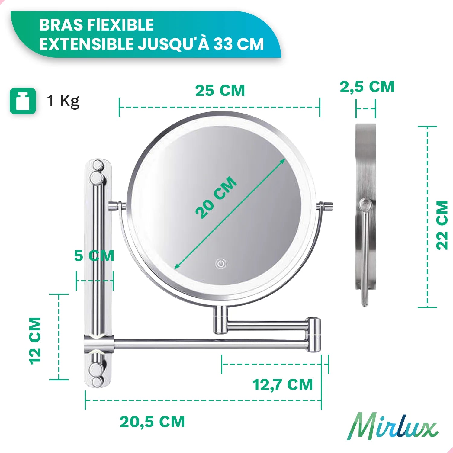 Miroir de maquillage - Rechargeable - Chrome - Grossissement 1-7x