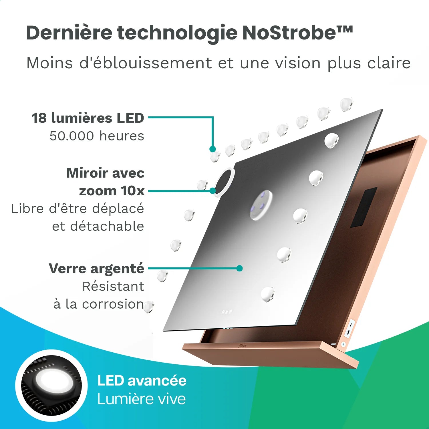 Miroir Hollywood - Enceintes Bluetooth - 80x60cm - Or Rose