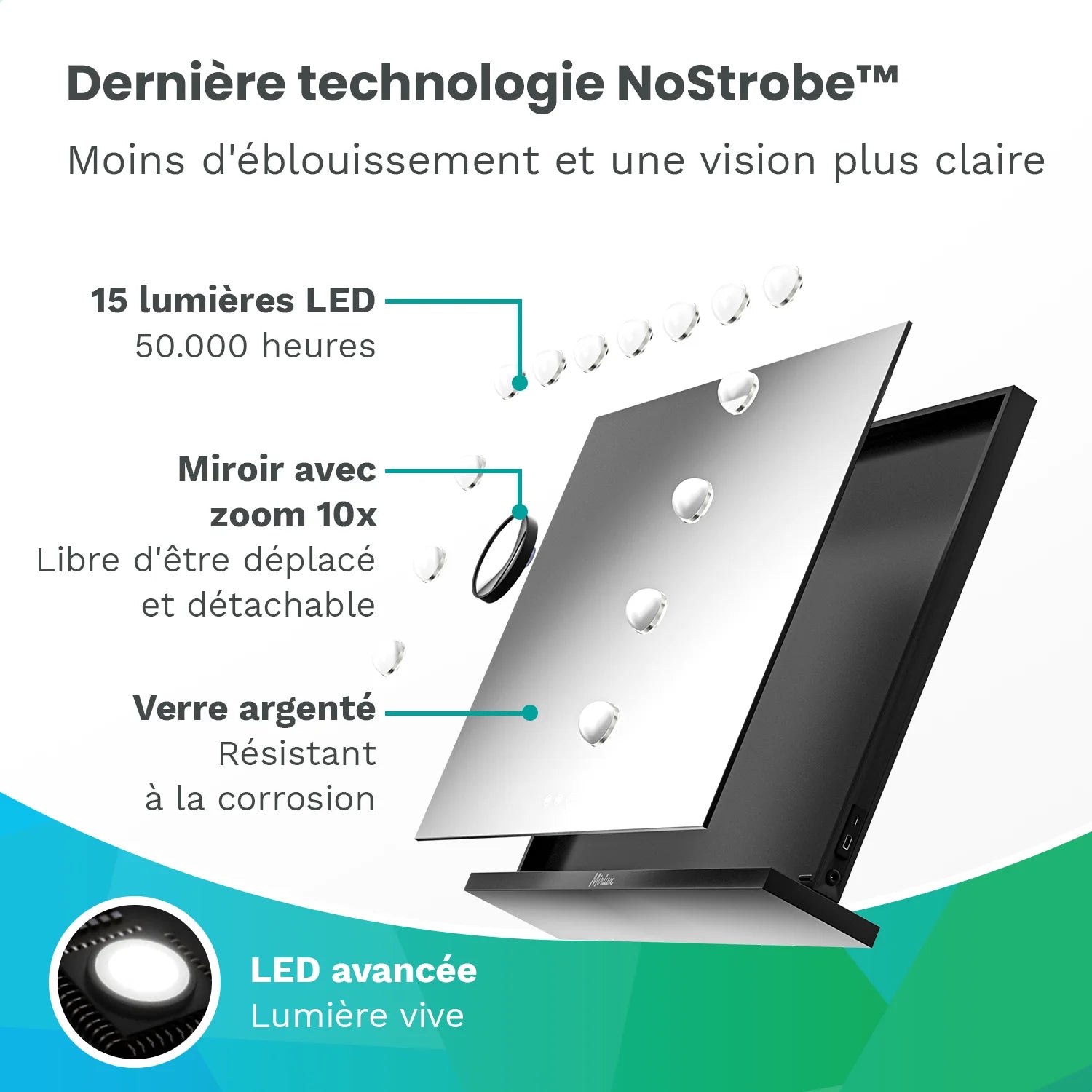 Miroir Hollywood - Enceintes Bluetooth - 58x48cm - Noir