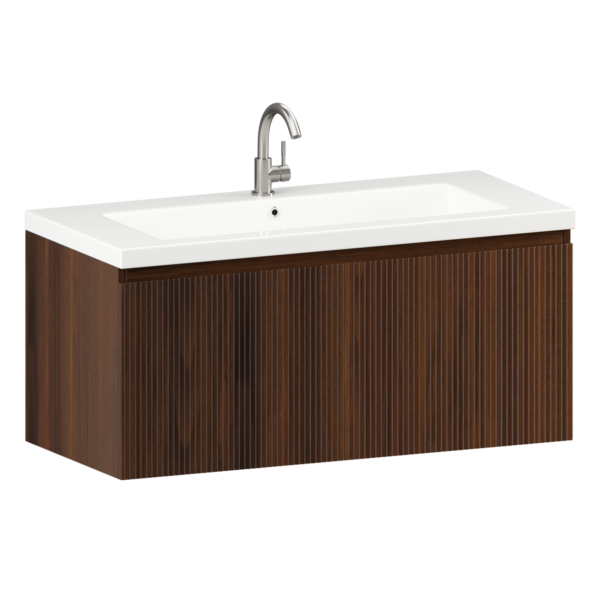 Meuble de salle de bain Indy - 100 cm - brun noyer - lavabo blanc