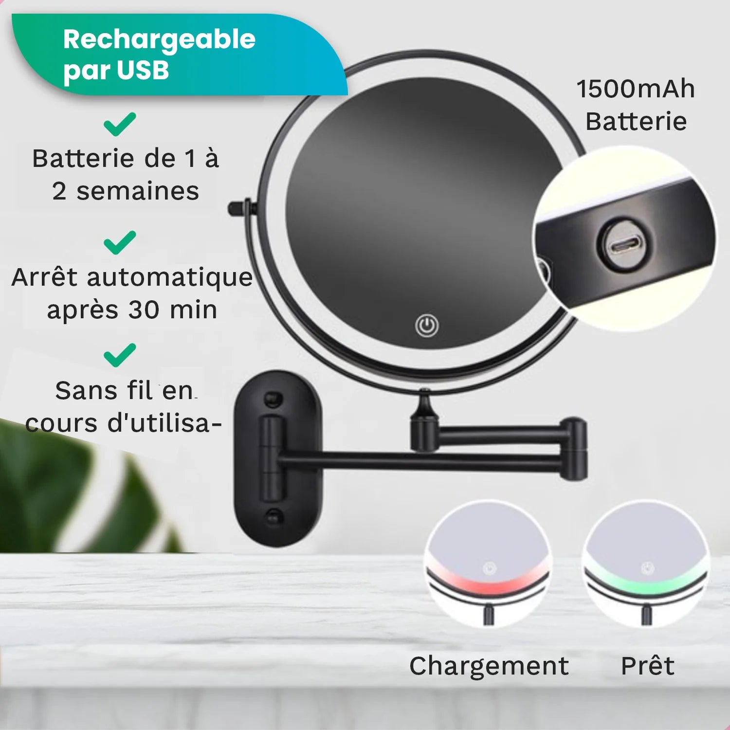 Miroir de maquillage - Rechargeable - Noir - Grossissement 1-5x