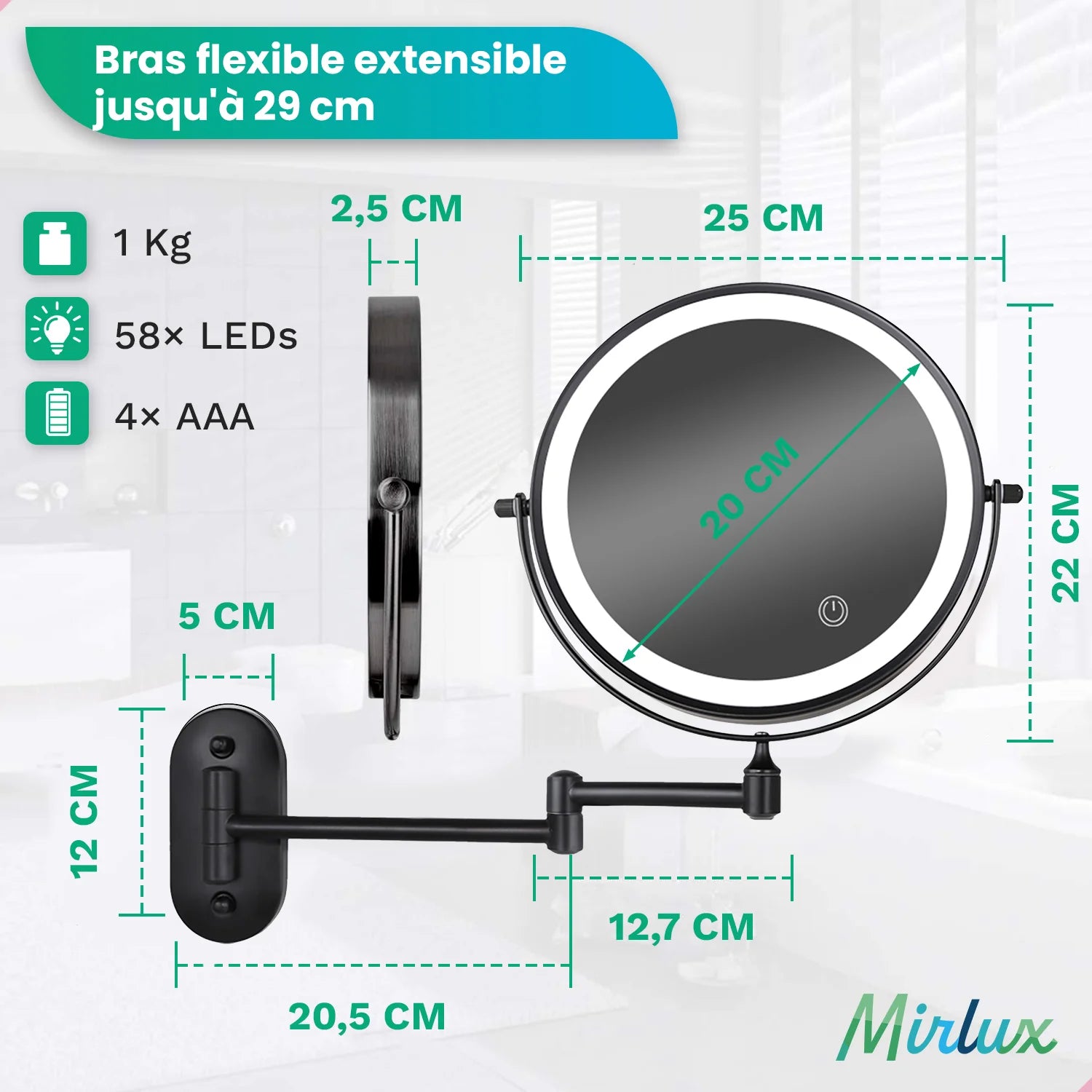 Miroir de maquillage - Batterie - Noir - Grossissement 1-5x