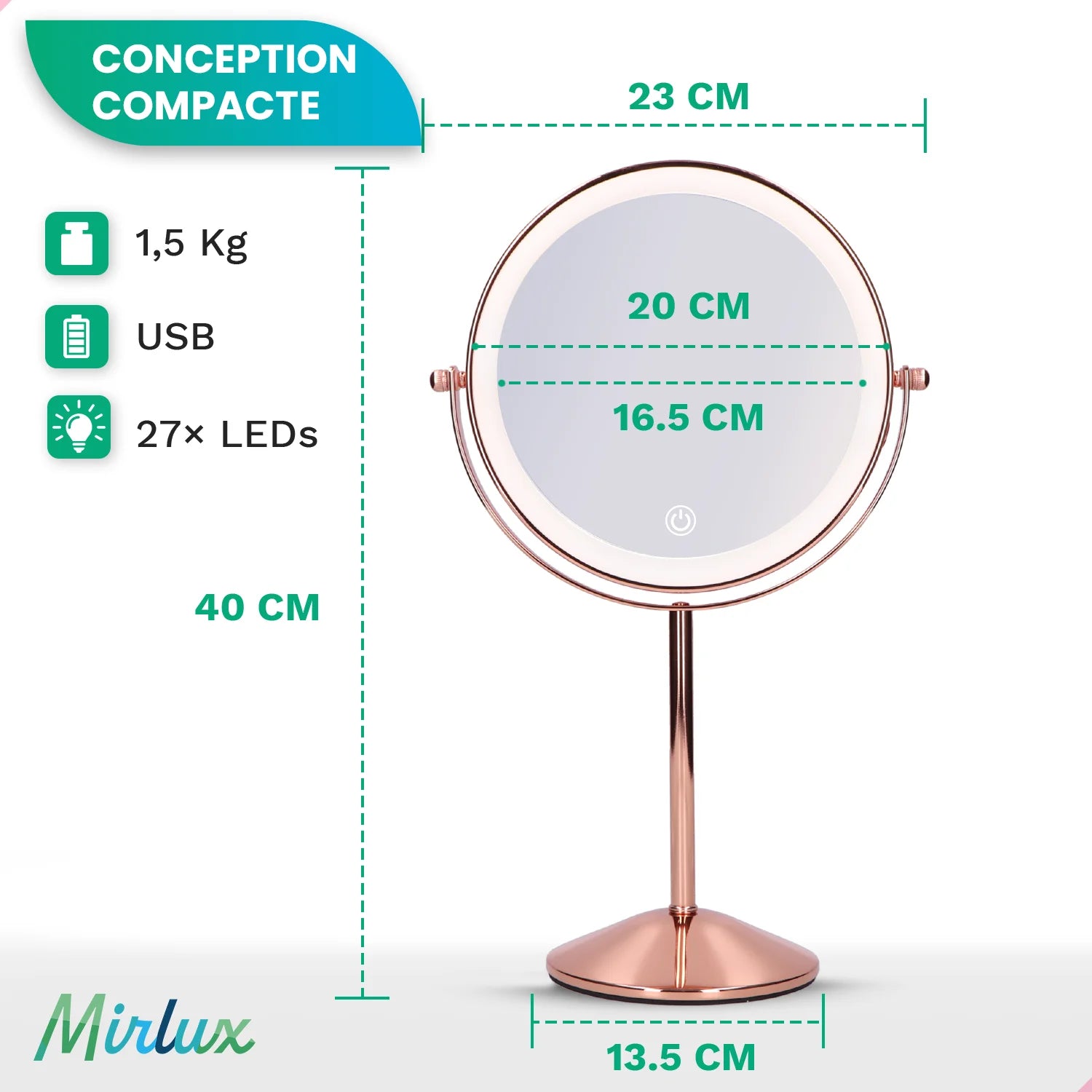 Miroir de maquillage - Rechargeable - Rosé - Grossissement 1-10x
