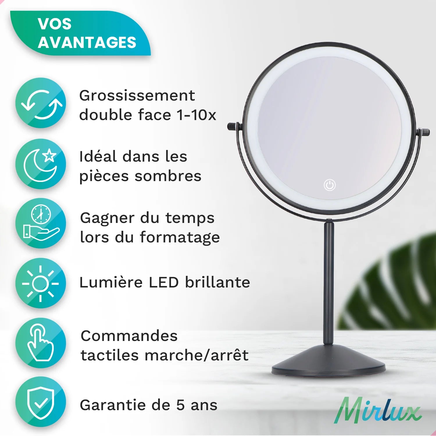 Miroir de maquillage - Rechargeable - Noir - Grossissement 1-10x