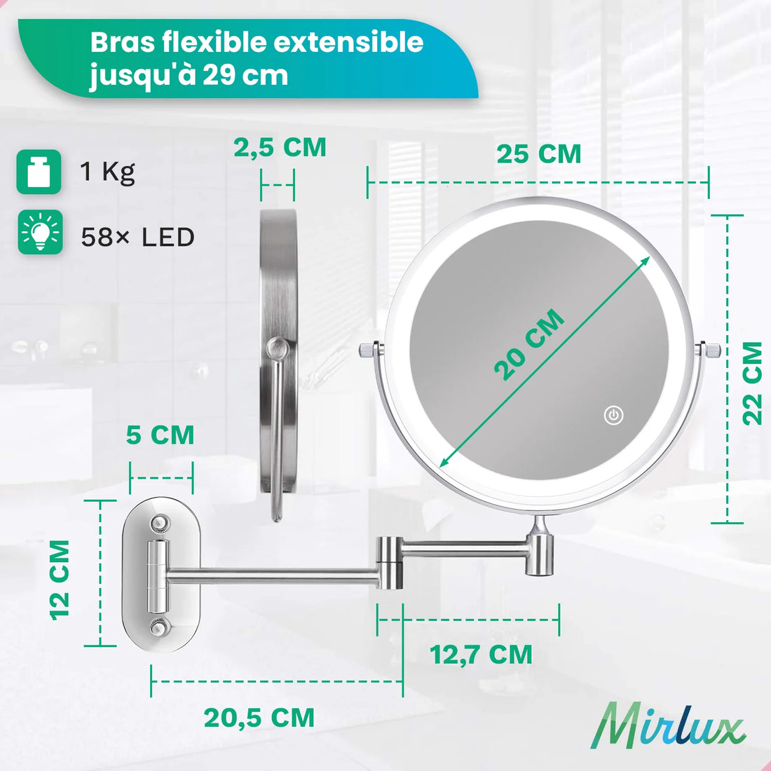Miroir de maquillage - Rechargeable - Chrome - Grossissement 1-5x