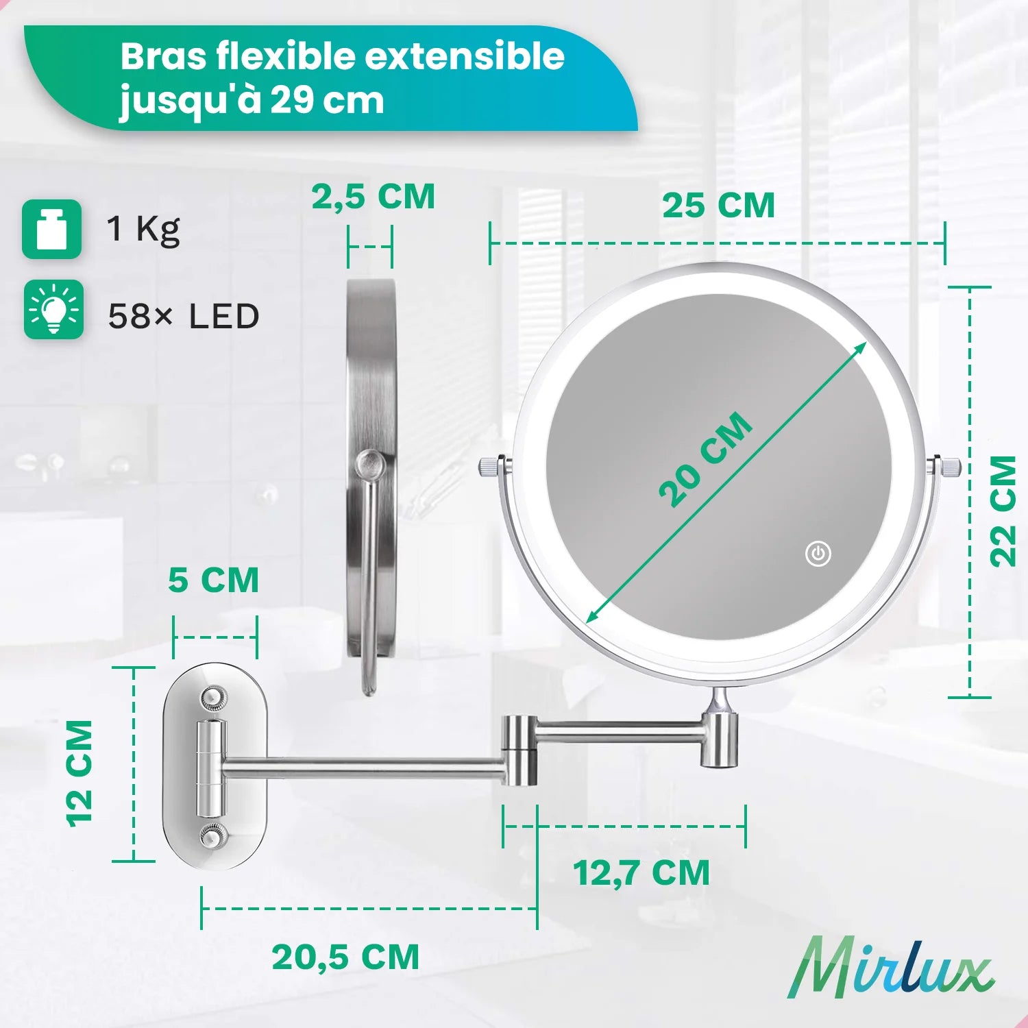 Miroir de maquillage - Rechargeable - Chrome - Grossissement 1-5x