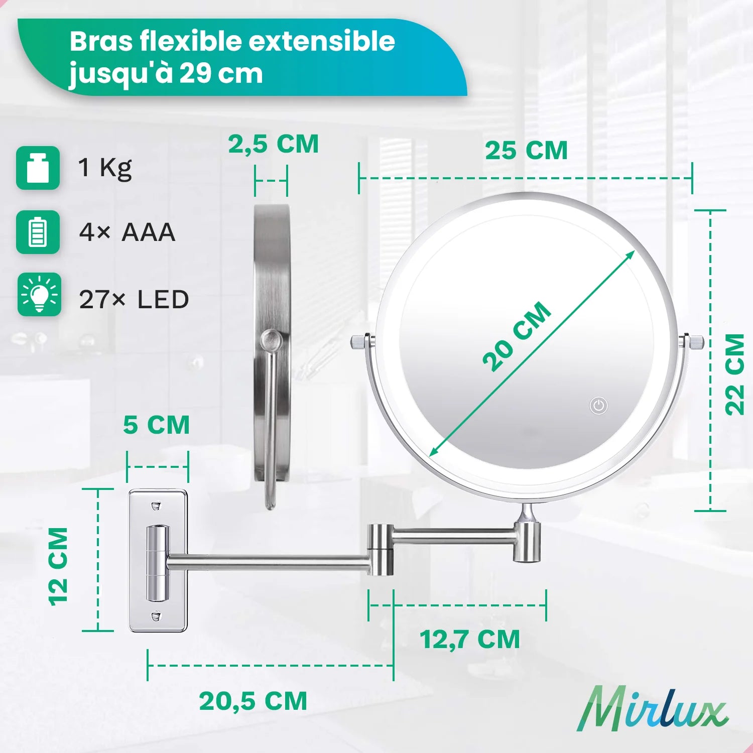 Miroir de maquillage - Batterie - Chrome - Grossissement 1-5x