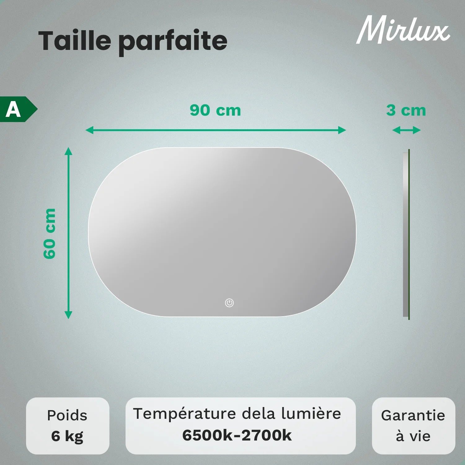 Miroir de salle de bain - 90x60cm - Sans cadre