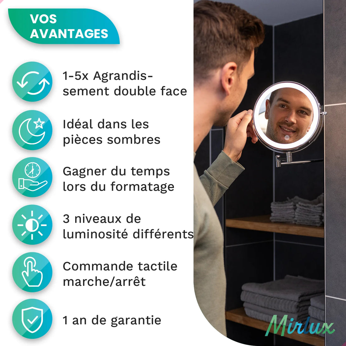Miroir de maquillage - Rechargeable - Chrome - Grossissement 1-7x