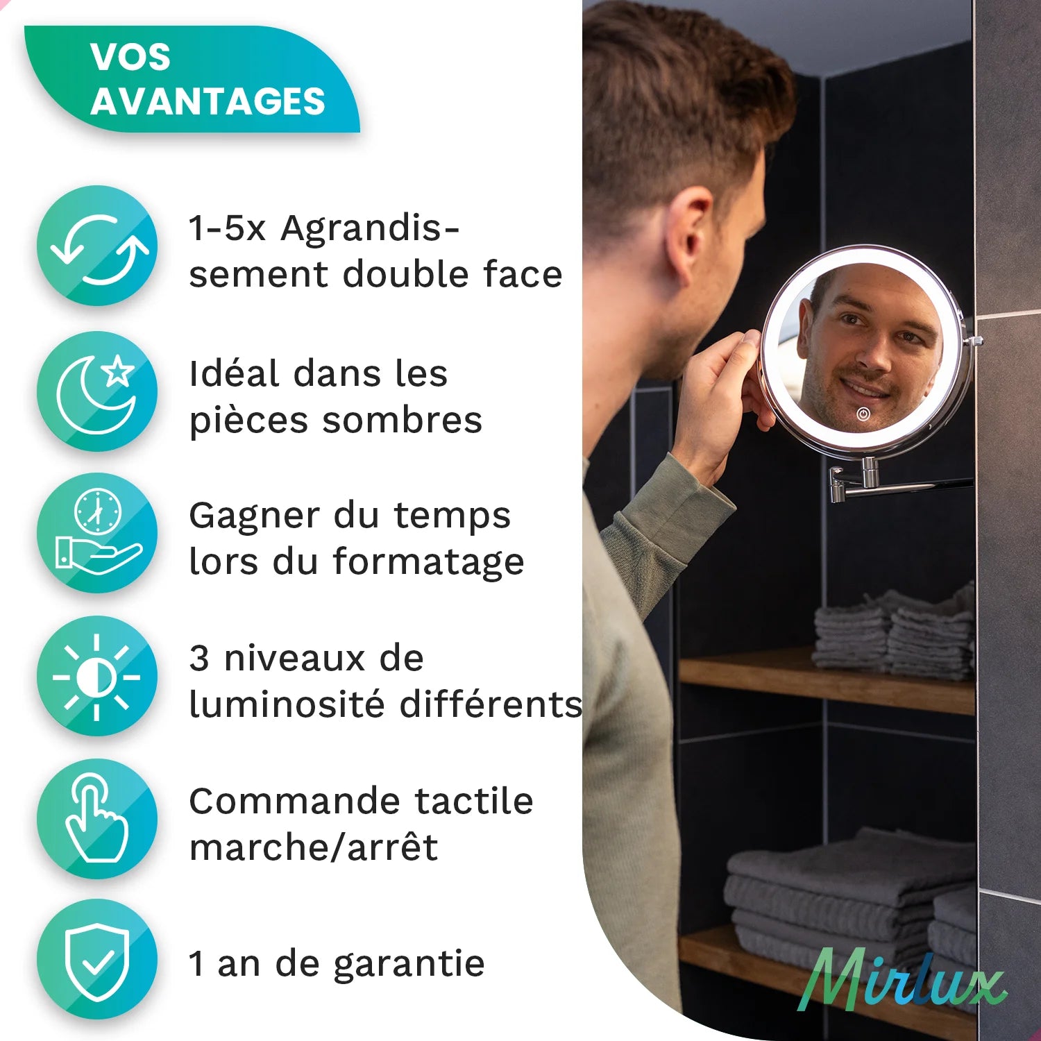 Miroir de maquillage - Rechargeable - Chrome - Grossissement 1-7x