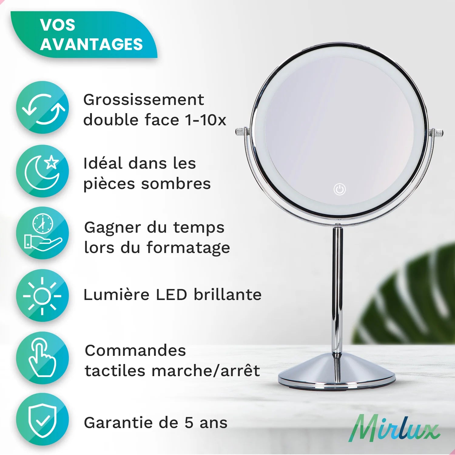 Miroir de maquillage - Rechargeable - Chrome - Grossissement 1-10x