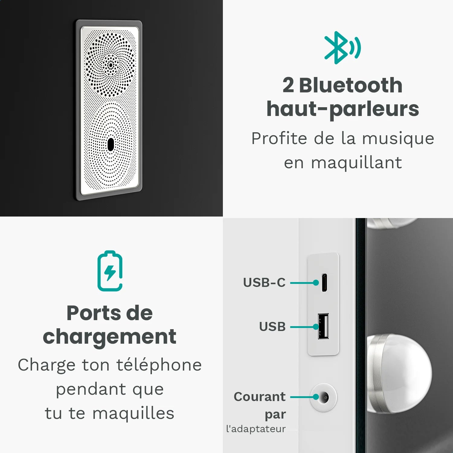 Miroir Hollywood - Enceintes Bluetooth 58x48cm - Blanc