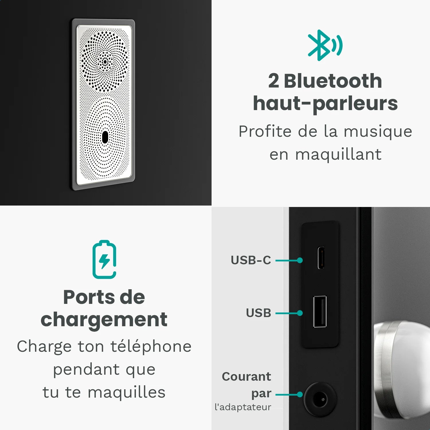 Miroir Hollywood - Enceintes Bluetooth - 80x60cm - Noir