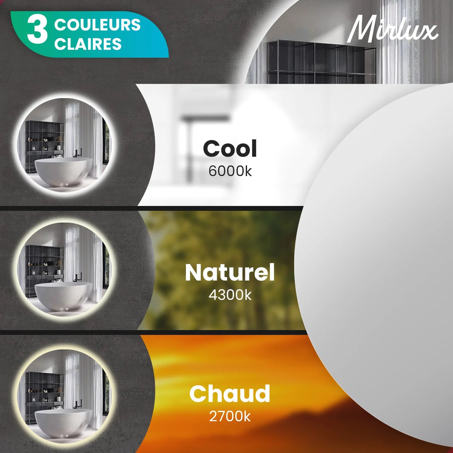 Miroir de salle de bain - 60 cm - Rond - Sans cadre