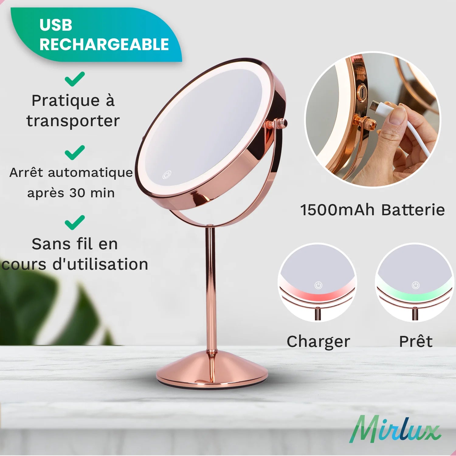 Miroir de maquillage - Rechargeable - Rosé - Grossissement 1-10x