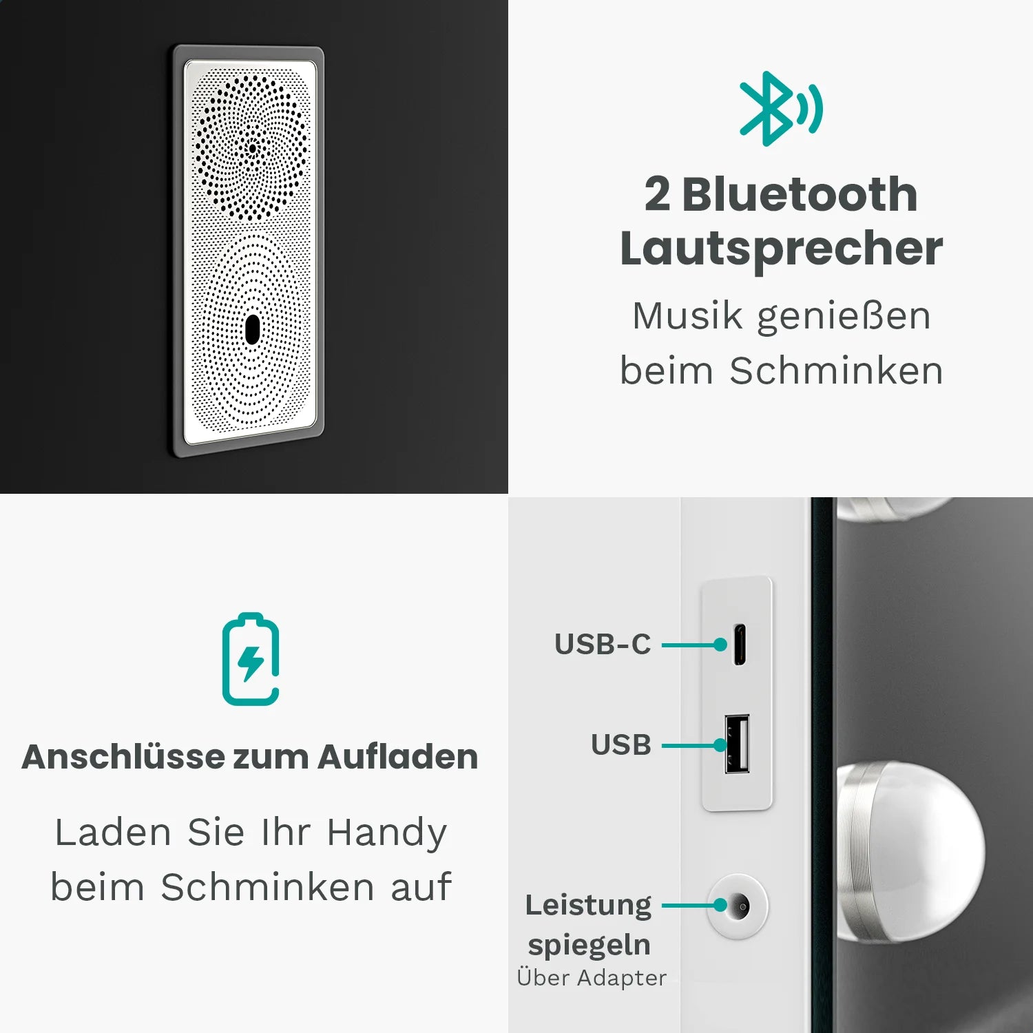 Miroir Hollywood - Enceintes Bluetooth - 80x60cm - Blanc