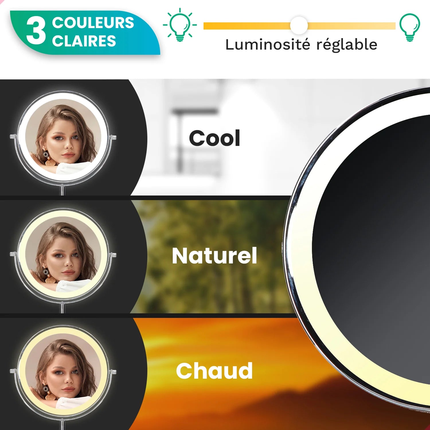 Miroir de maquillage - Rechargeable - Chrome - Grossissement 1-10x