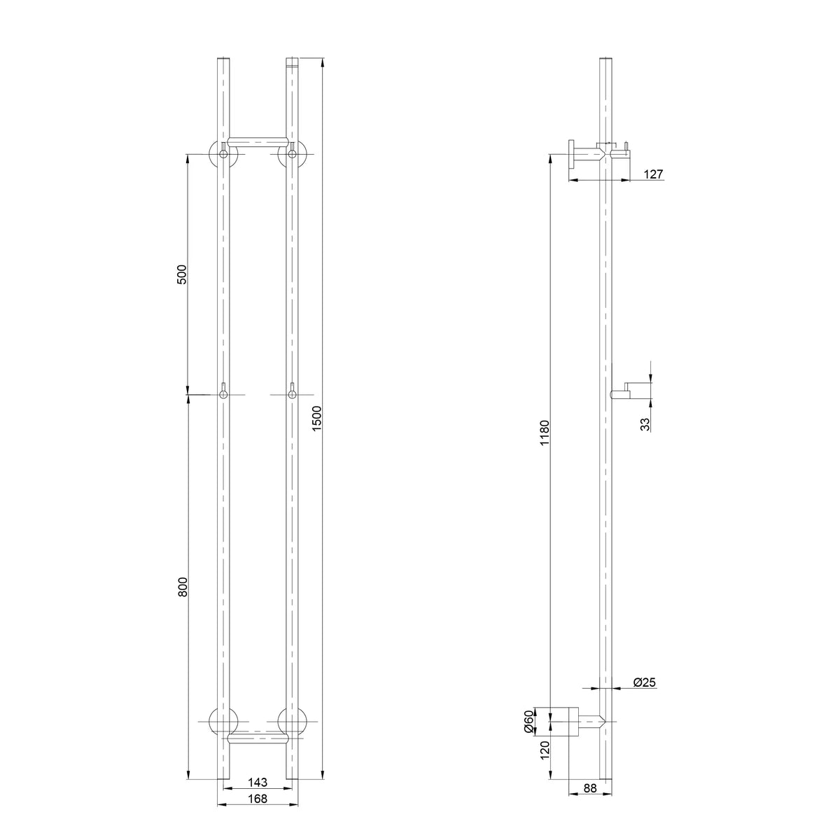 Radiateur sèche-serviettes électrique à barres double - 70 Watts - 150x16.8 cm - noir mat