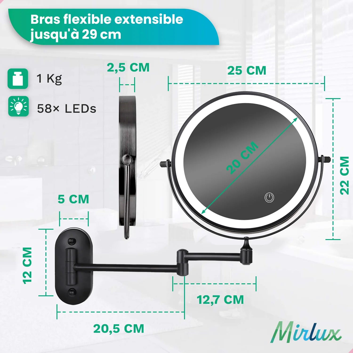 Miroir de maquillage - Rechargeable - Noir - Grossissement 1-5x