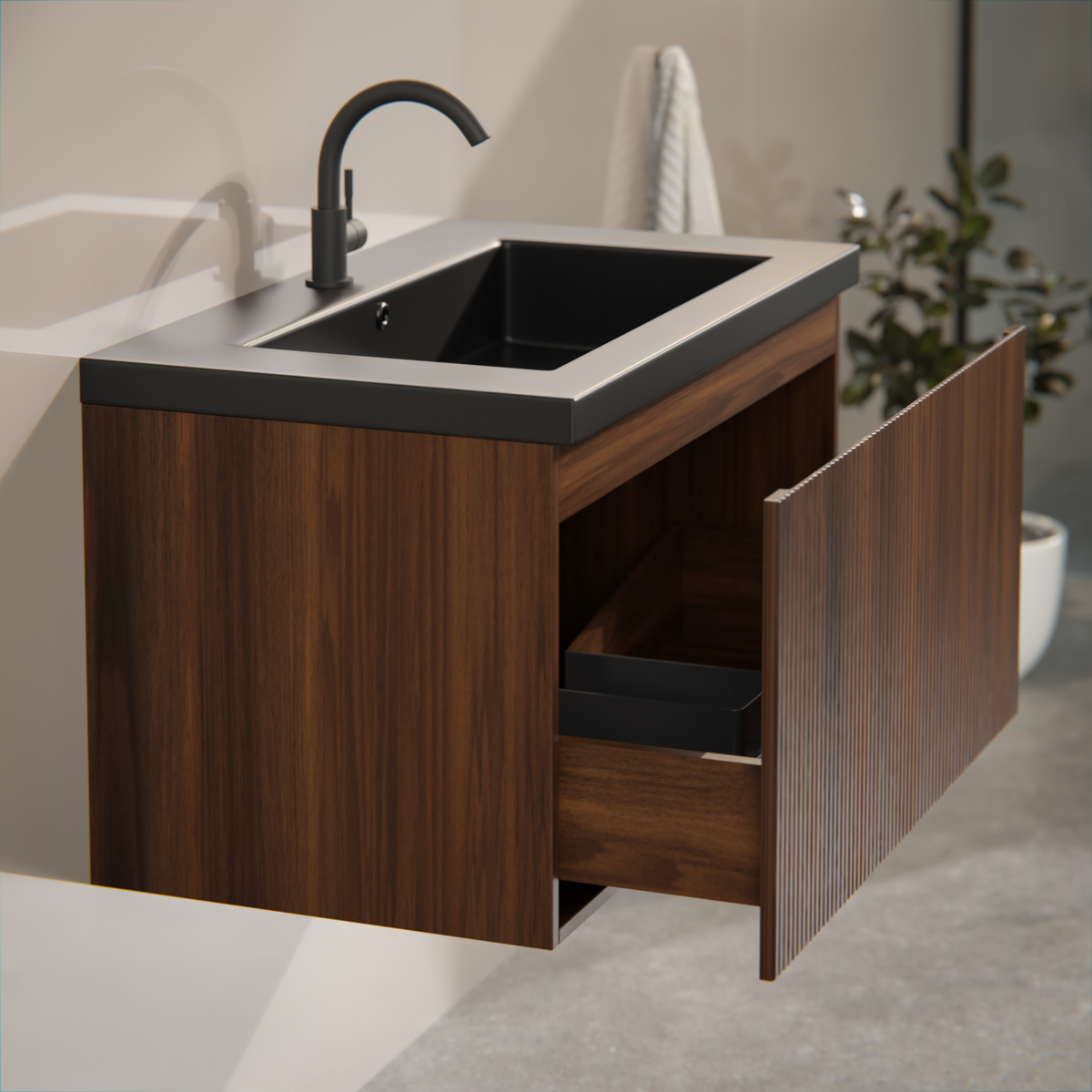 meuble de salle de bain Niko - 80cm - noyer - lavabo noir