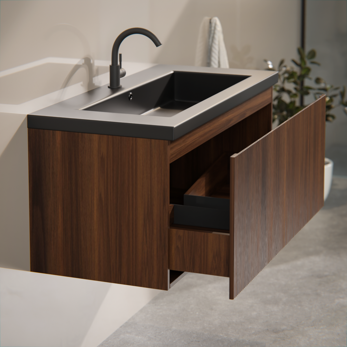Meuble de salle de bain Indy - 100 cm - brun noyer - lavabo noir