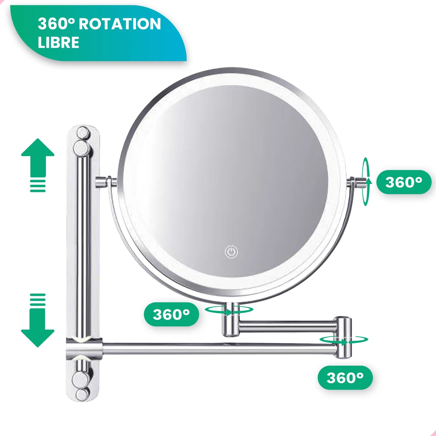 Miroir de maquillage - Rechargeable - Chrome - Grossissement 1-7x