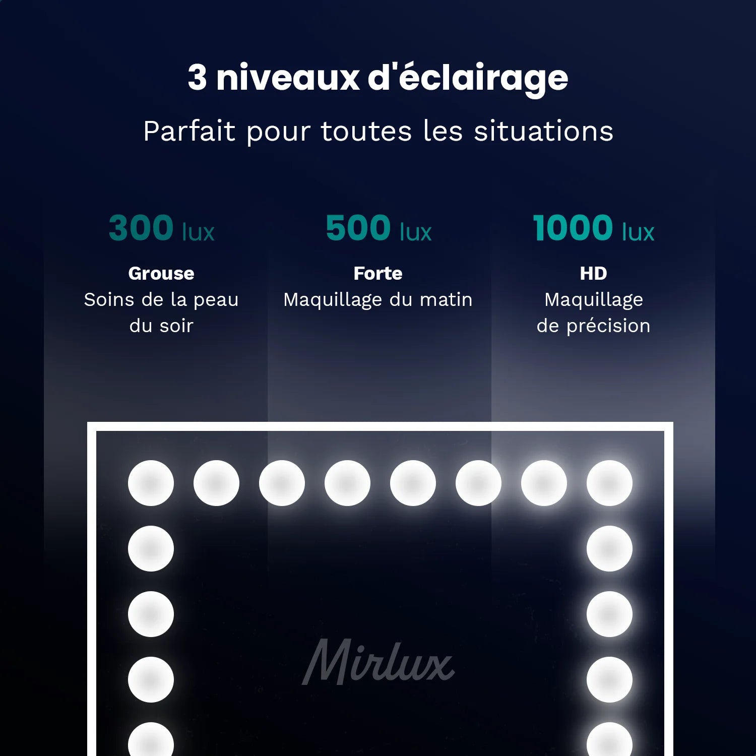 Miroir Hollywood - Enceintes Bluetooth - 80x60cm - Blanc