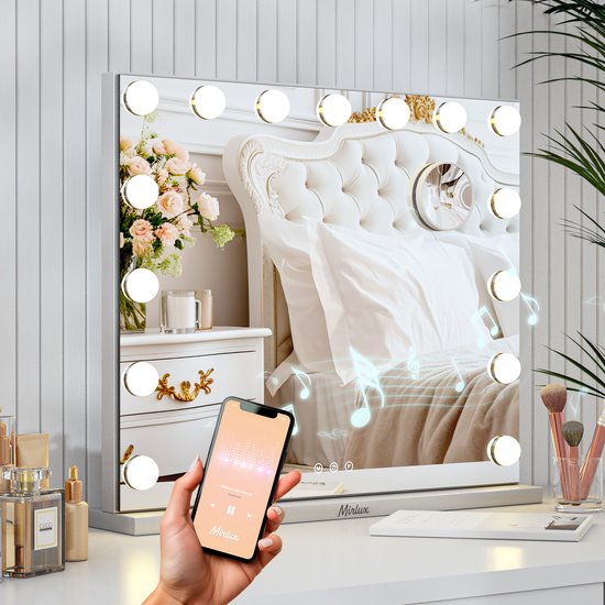 Miroir Hollywood - Enceintes Bluetooth 58x48cm - Blanc