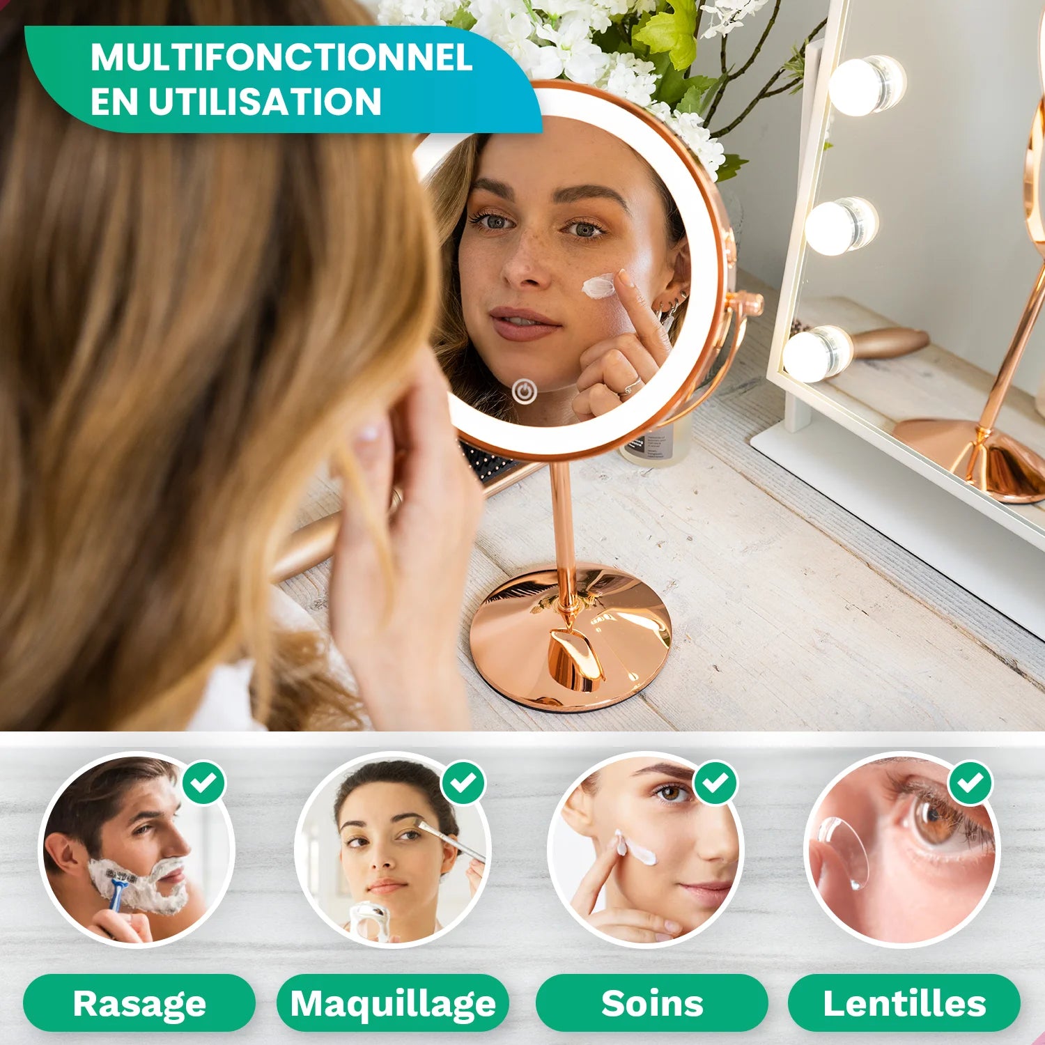 Miroir de maquillage - Rechargeable - Rosé - Grossissement 1-10x