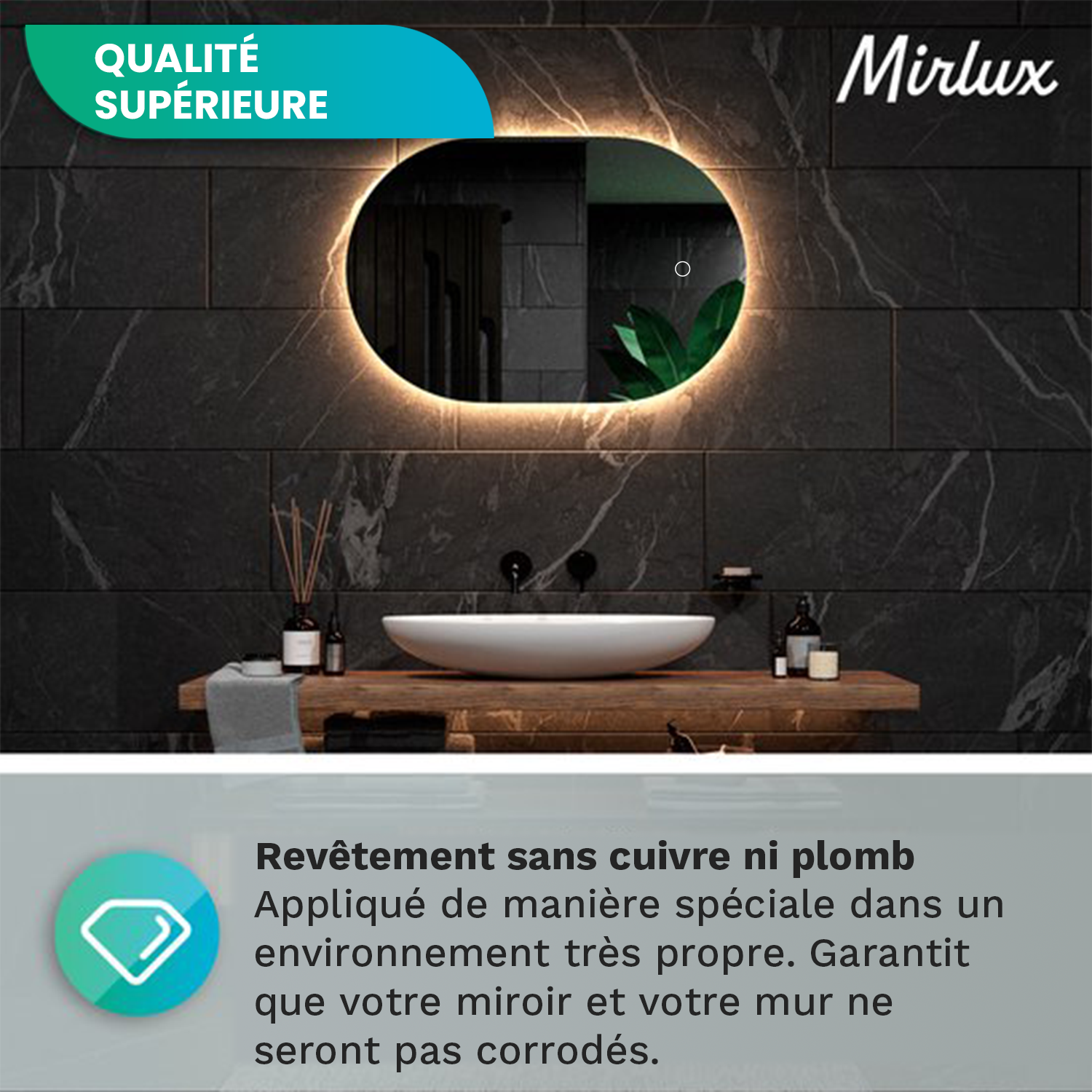 Miroir de salle de bain - 90x60cm - Sans cadre