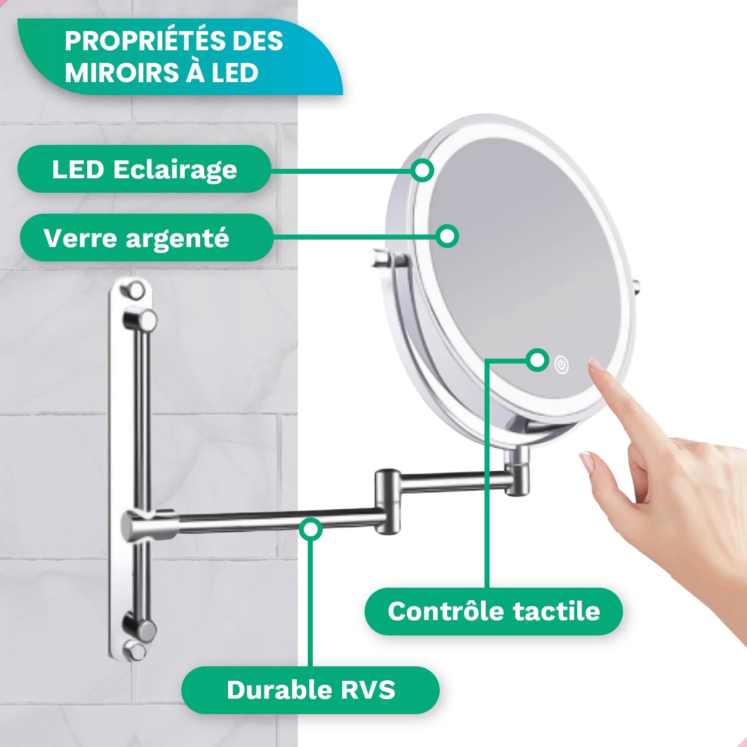 Miroir de maquillage - Rechargeable - Chrome - Grossissement 1-7x