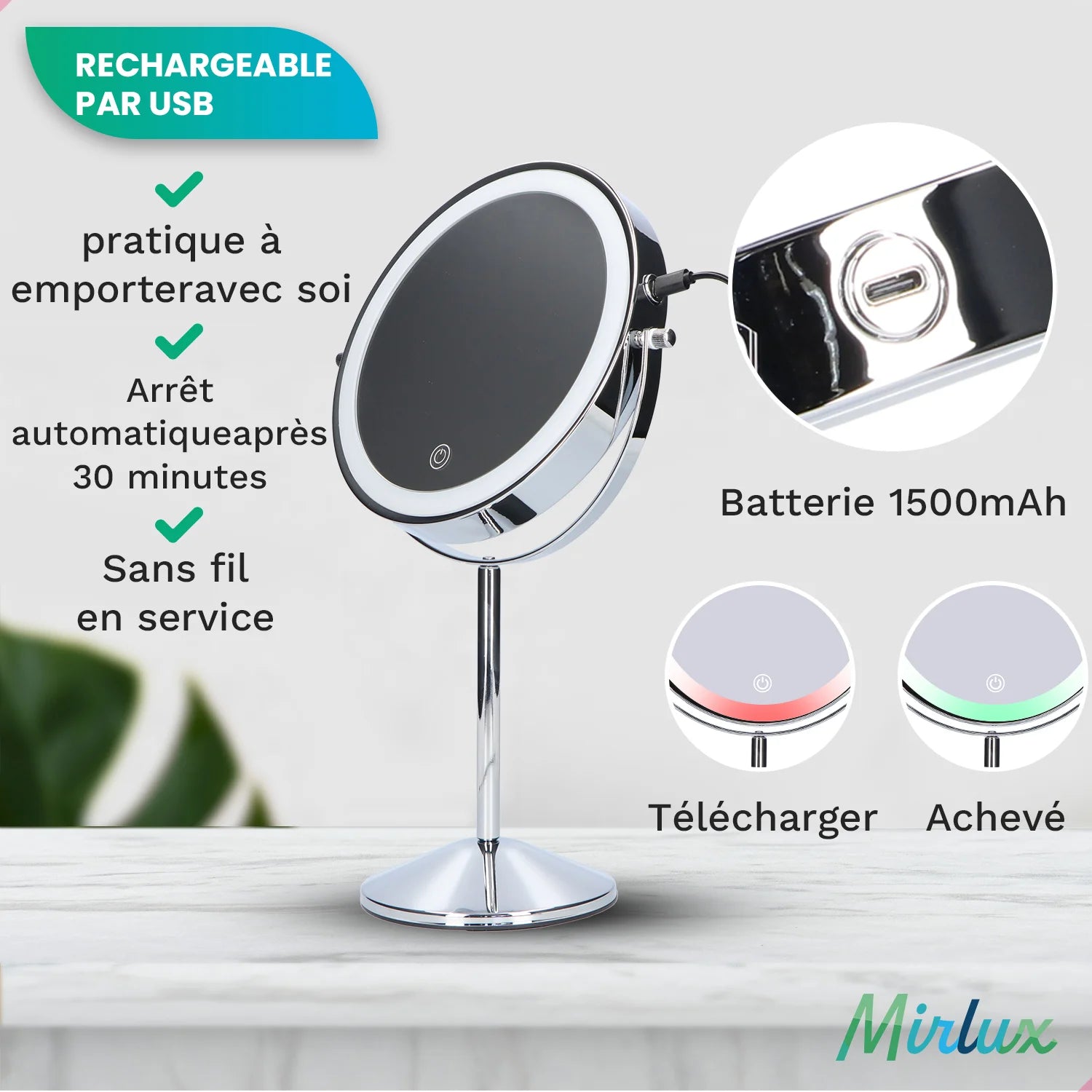 Miroir de maquillage - Rechargeable - Chrome - Grossissement 1-10x