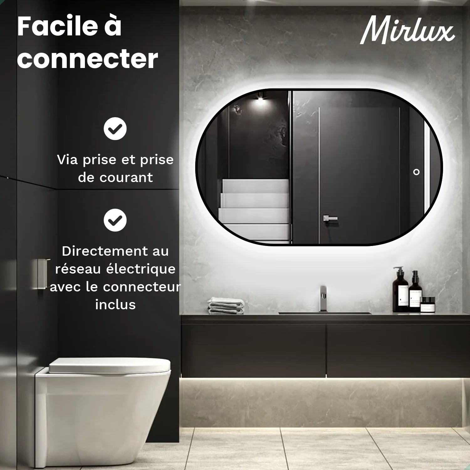 Miroir de Salle de Bain - 90x60cm - Cadre Noir
