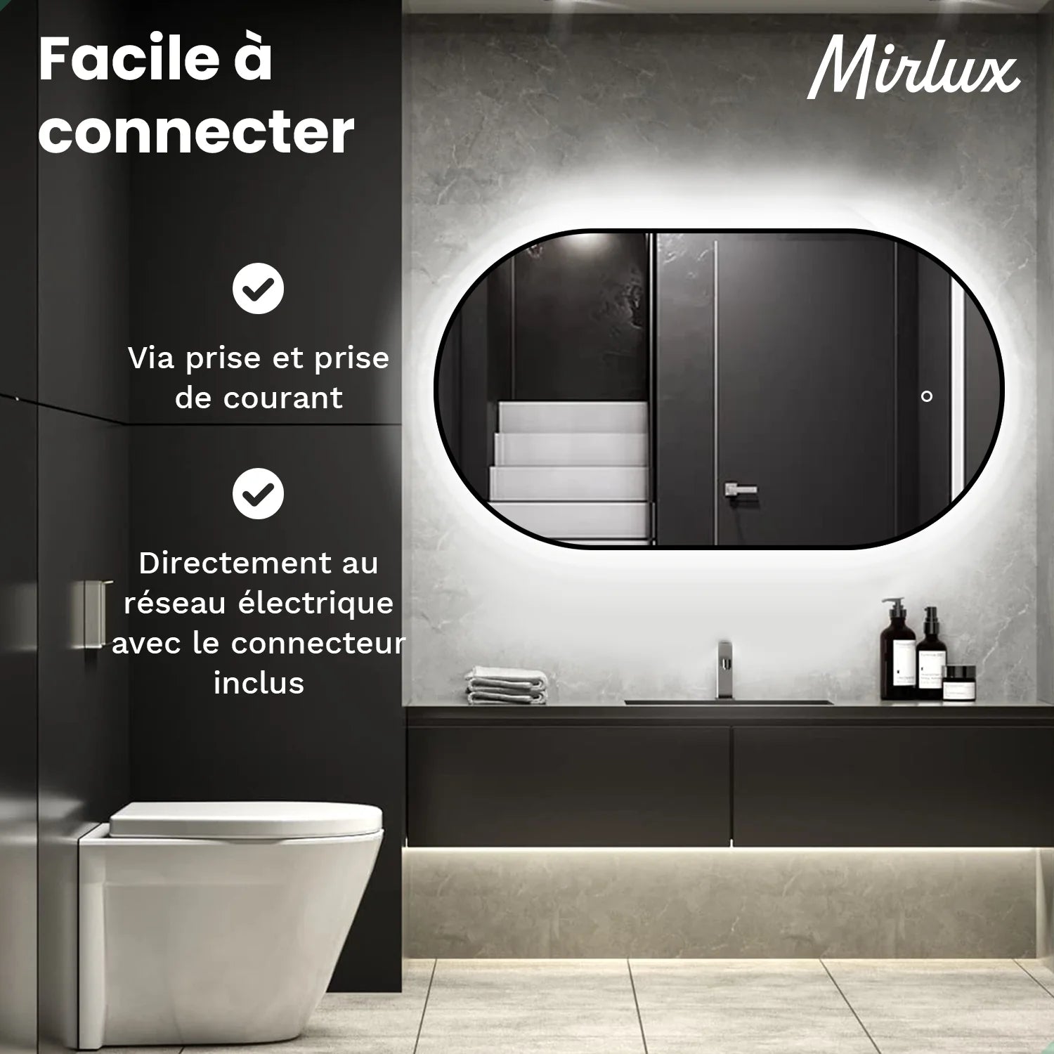 Miroir de Salle de Bain - 90x50cm - Cadre Noir